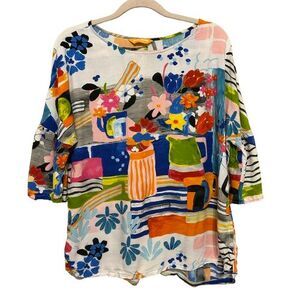 Jams World 3/4 Sleeve Bell Sleeve Top Womens Large Multicolor Floral Artsy Boho